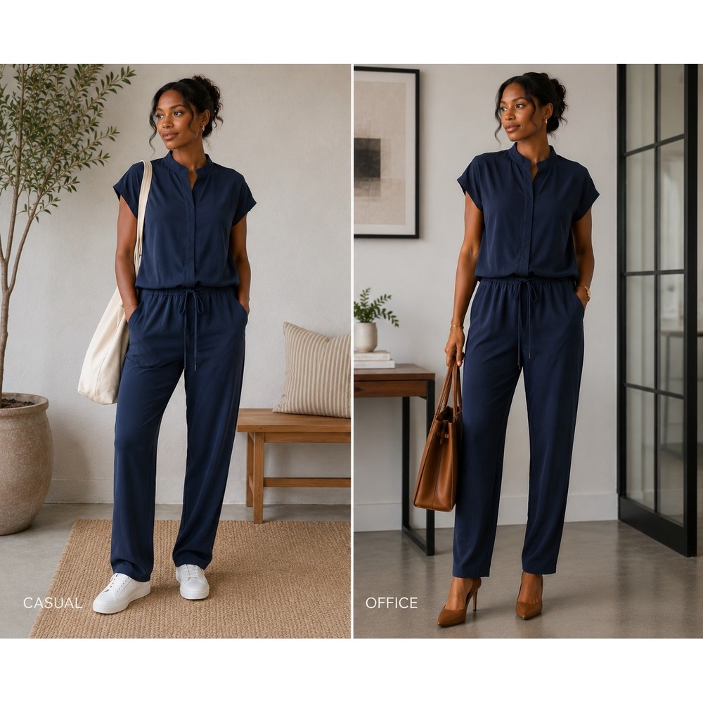 Vince Navy Blue Short Sleeve Drawstring Waist Tapered Leg Jumpsuit Size L